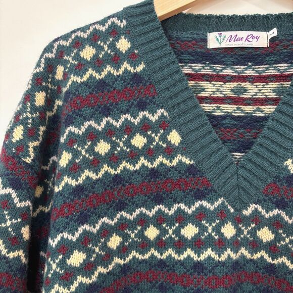 Vintage Mac Roy Wool Sweater Mens Large Scotland Green Grandpa 80s Holiday Ski - Picture 5 of 10